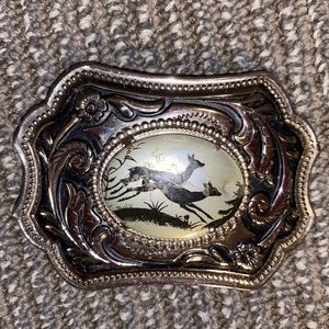 Two Running Deer Silver Ornate Detail Belt Buckle